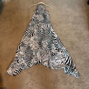 PILYQ Asymmetrical Dress with gold tie accents. White, Teal and Black pattern.